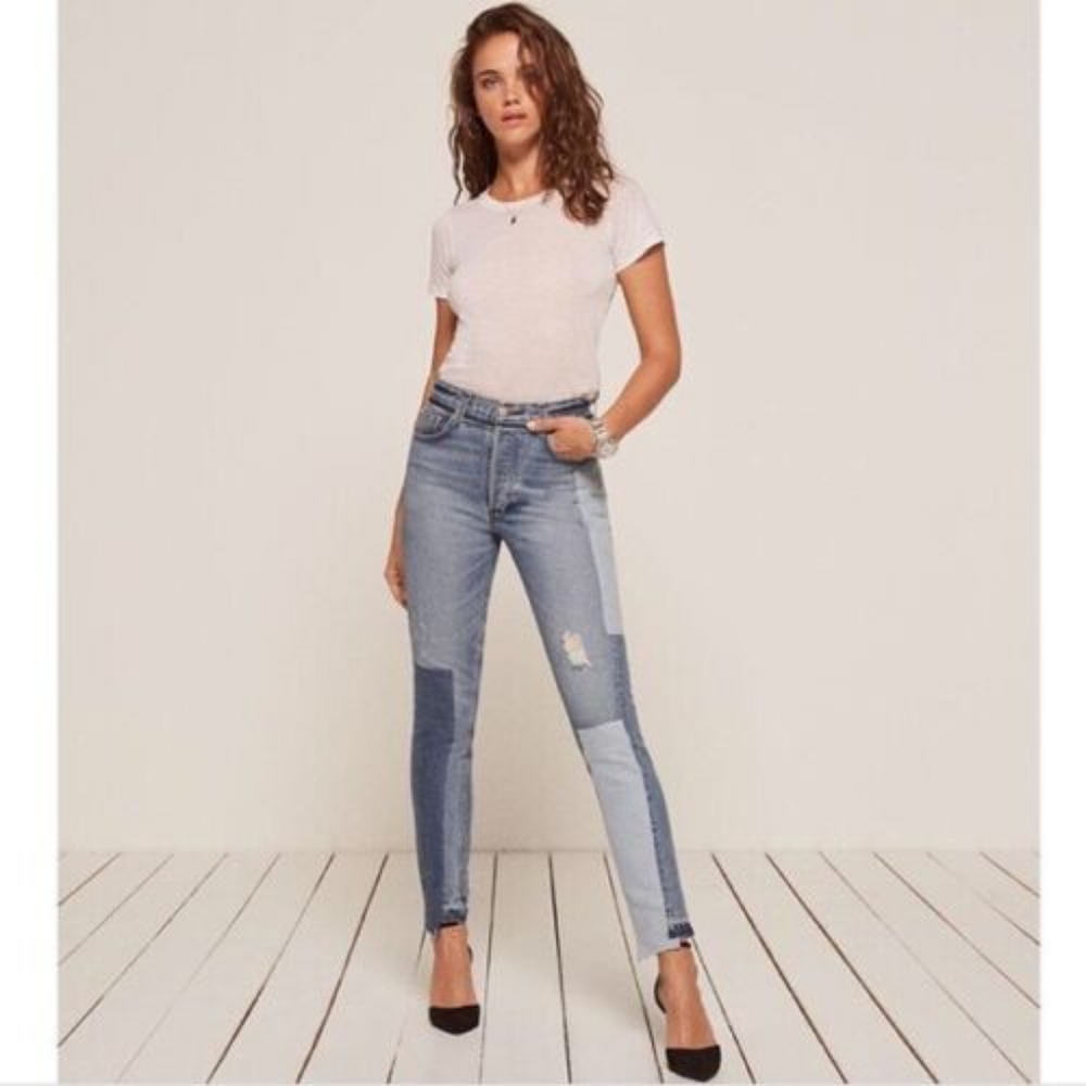 Reformation Jeans | skinny denim patchwork jeans in Torres wash